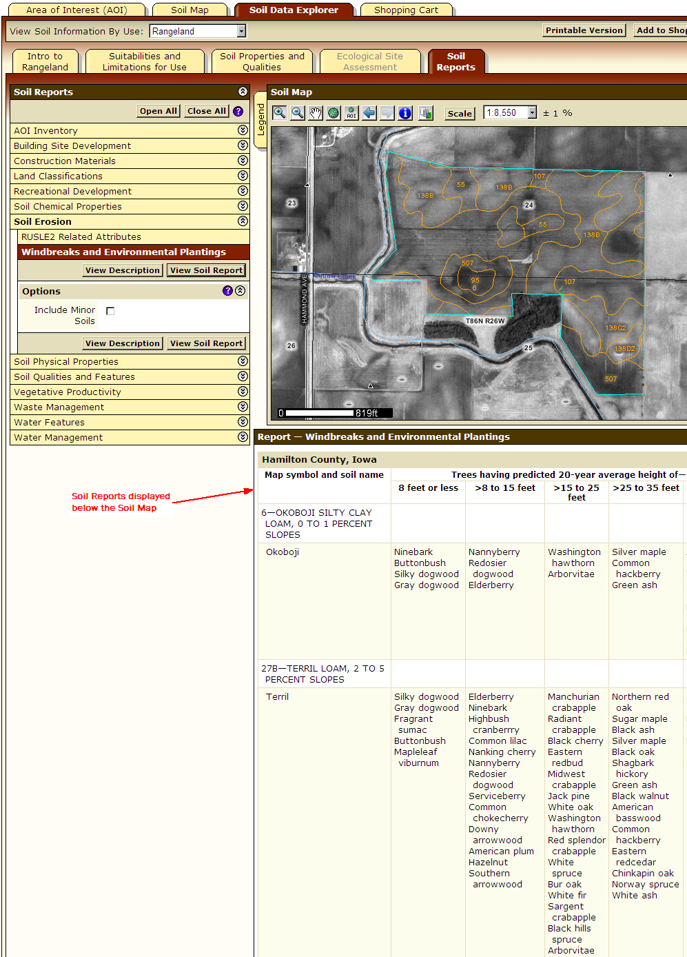 Soil Reports Tables from the Soil Reports tab now run in the WSS browser window and display below the map.